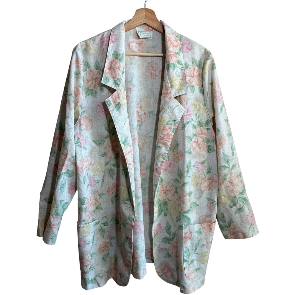 Vintage Distinctly Different Floral Blazer 18W Multicolor Women Flax Linen Blend